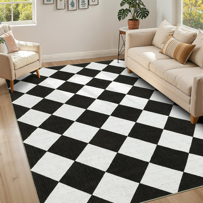 Soft Diamond Checkered Runner Rug - Pastel Color Washable Thin Carpet - Non-Slip Buffalo Plaid Entryway, Bedroom, Hallway, Laundry, Powder Room Mat