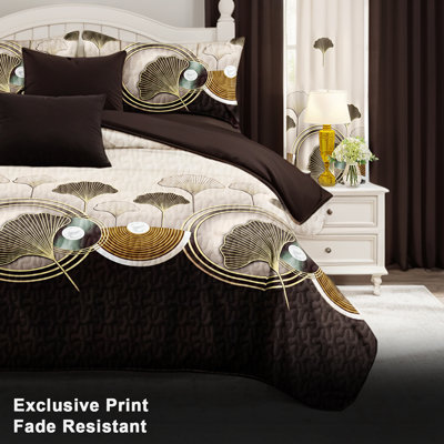 Ensemble de literie et rideaux King 9 pièces couleur espresso marron à feuilles de ginkgo, couvre-lit matelassé en microfibre avec panneaux de fenêtre filtrant la lumière