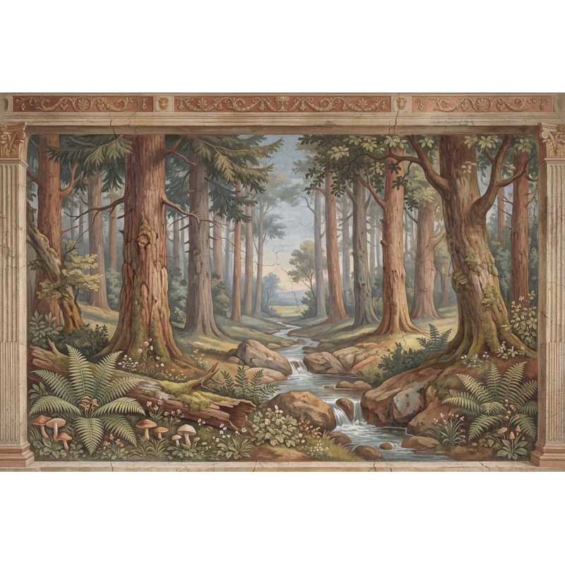 Forêt, paysage mural, ruisseau et cascade, grands arbres, décoration murale amovible, 160 po x 108 po, Non tissé