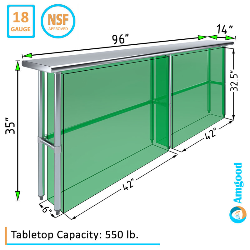 Table de travail en acier inoxydable, H 35 po x L 96 po x L 14 po
