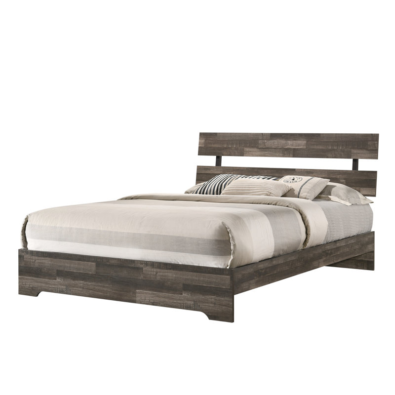 Rustique, lit plateforme double, base de lit à profil bas, finition brune, tête de lit à lattes, style contemporain, taille rustique en bois avec bois enduit, dans une boîte pour la configuration de la chambre à coucher