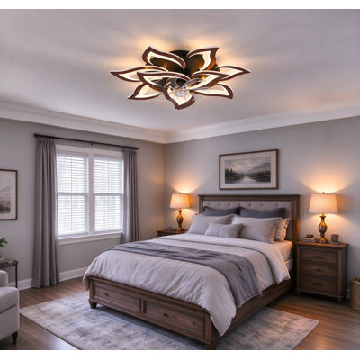 Ventilateur de plafond à télécommande avec lumières, couleur géométrique en bois 6 vitesses, profil bas, ventilateur encastré avec lumière pour la cuisine, le salon et la chambre à coucher