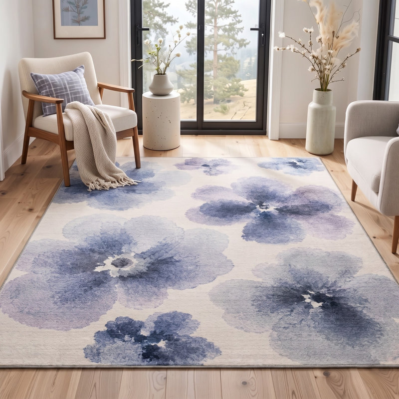 Tapis floral ivoire / bleu lavable à la machine avec envers antidérapant, Rectangle 9 pi x 12 pi