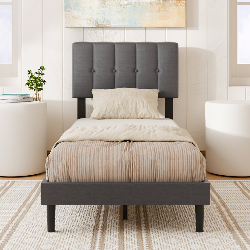 Upholstered Bed Frame with Adjustable Headboard, Twin
