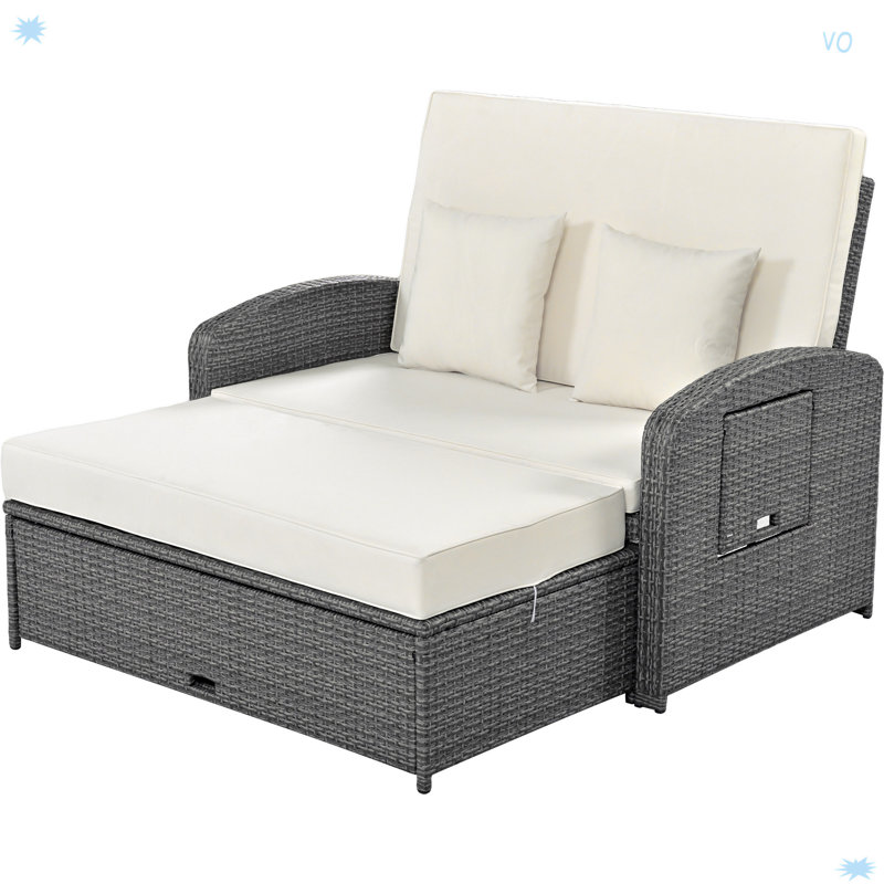 PE Wicker Rattan Double Chaise Lounge, 2-Person Reclining Daybed