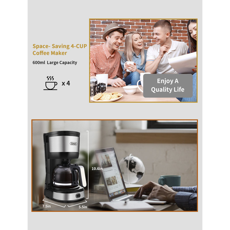 The 4-cup Small Compact Drip Brewed Coffee Maker Machine With Cone Filter & Glass Carafe & Hot Plate & Water Tank