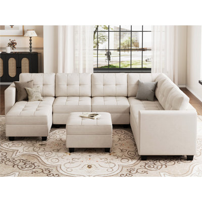 Ashbury Ivery 116.6" Wide Linen Reversible Modular Sofa Living room Sectional Couch with Storage Ottoman