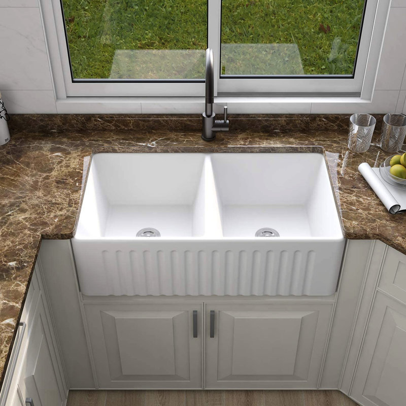 Évier à double cuve en céramique - blanc, encastré, antirouille, 33 po x 18 po x 10 po, 93 lb, finition stable