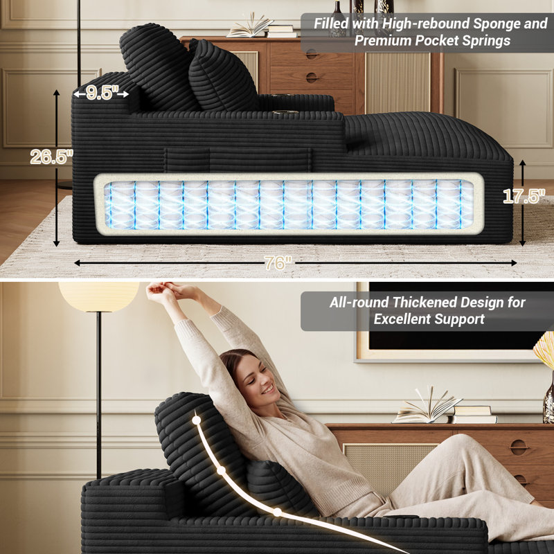 Chaise longue d'intérieur en velours côtelé de 76 po de diamètre avec siège profond et accoudoirs larges, Noir