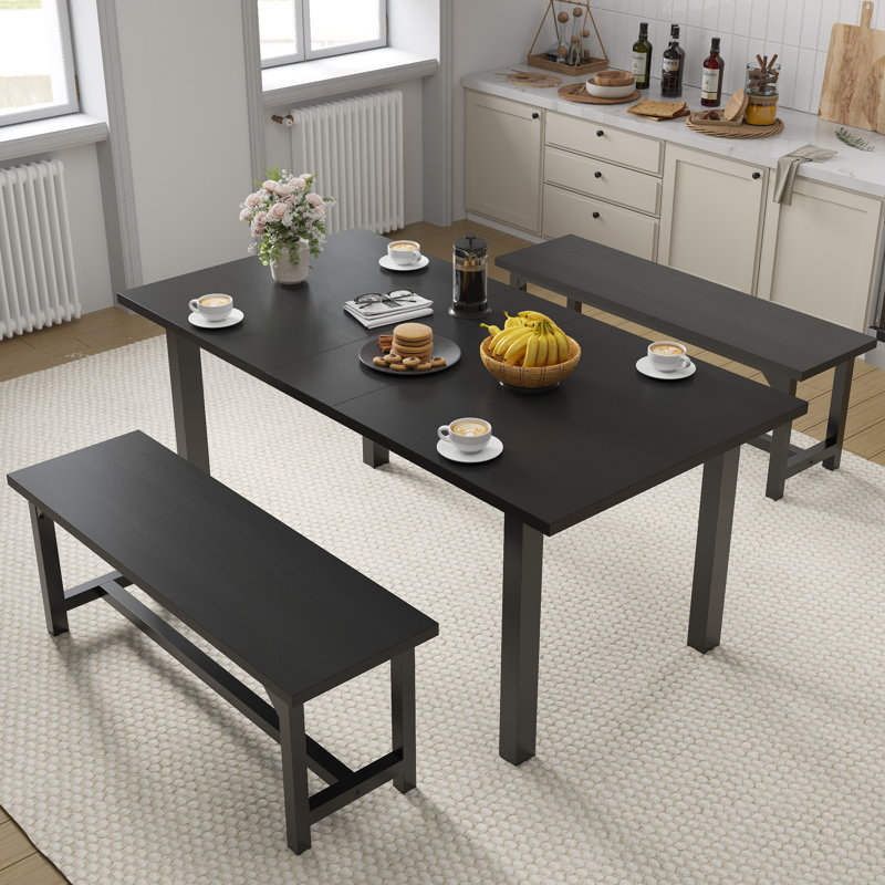Areial 62" Extendable Rectangular Kitchen Table with 2 Benches., Black, Black