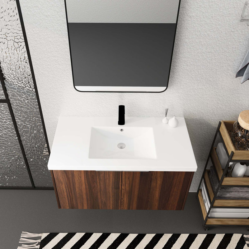 Float Mounting Bathroom Vanity With Sink, Walnut