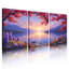 Tableau sur toile tendue représentant un coucher de soleil d'automne sur un lac avec des fleurs violettes et des arbres rouges (lot de 3)-118681136