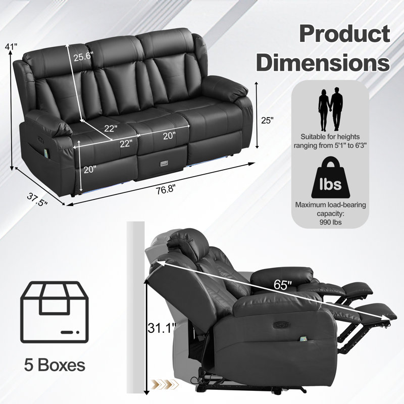 Power Loveseat Recliner Sofa with Flip Backrest,3 Seater Recliner Couch with Heat and Massage, Zero Wall Hugger Reclining Sofa with LED Light AC Outlets USB Ports for Living Room Home Theater
