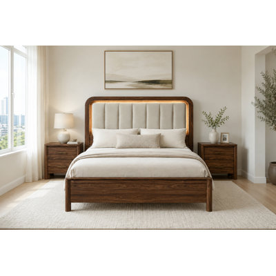 Ensemble de chambre à coucher de style moderne Mid-Century 3 pièces, lit tapissier avec tête de lit à DEL et 2 tables de chevet USB, noyer