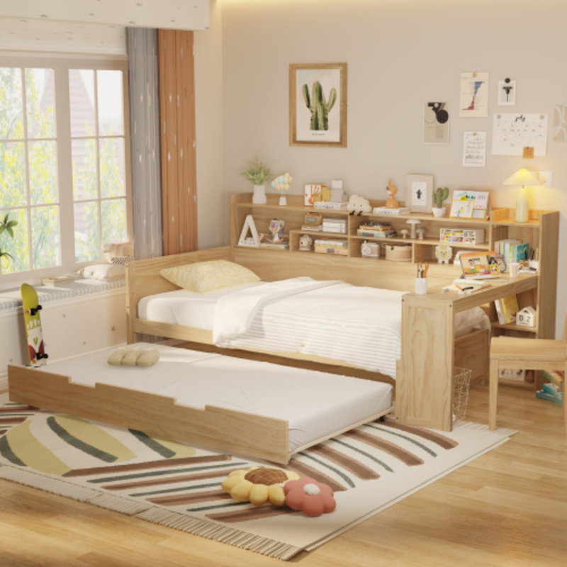Wooden Daybed with Storage Shelf, Multi-Purpose Bed with Twin Size Pullout Bed and Desk, Twin, Natural