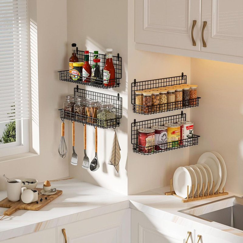  Grand support à épices mural pliable à 4 niveaux amélioré, rangement empilable avec 5 crochets, pouvant contenir 80 pots pour l'organisation de garde-manger
