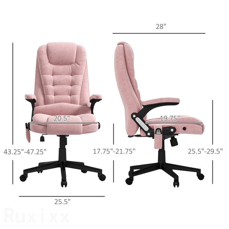 Fauteuil de bureau vibrant rose à 6 points de massage, avec dossier chauffant, dossier haut inclinable, accoudoirs rembourrés et télécommande