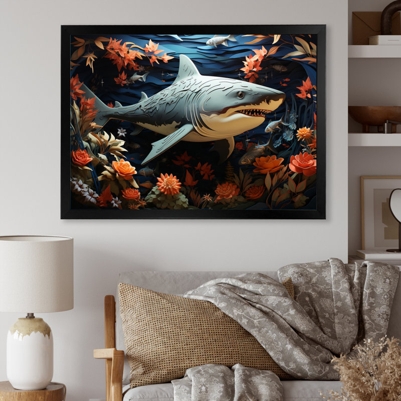 " Blue Shark Silent Hunter Papercut ", Black Single Picture Framed, 30" H x 40" W x 1.5" D