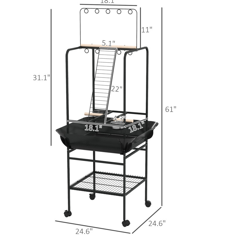 Support à oiseaux gris foncé avec roulettes - support, bols en acier inoxydable, plateau coulissant, plateforme stable pour perroquets et perchoirs, facile à assembler