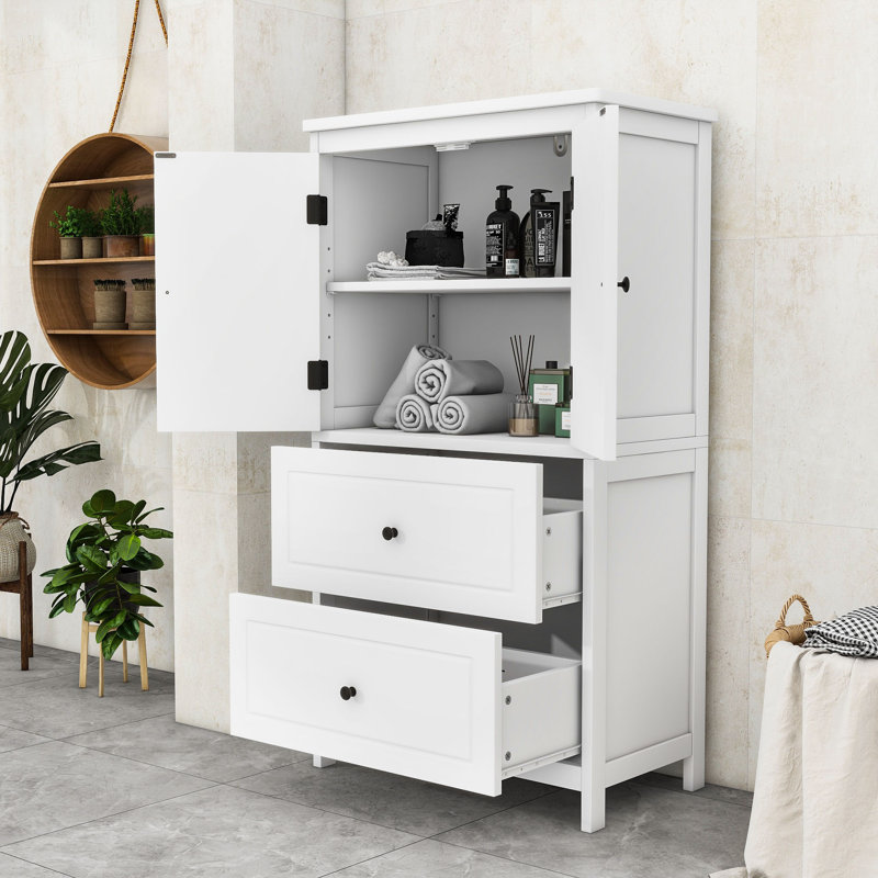Onsted Wood Freestanding Bathroom Cabinet with Storage Drawers and Adjustable Shelf, 43'' H x 23.3'' W, White