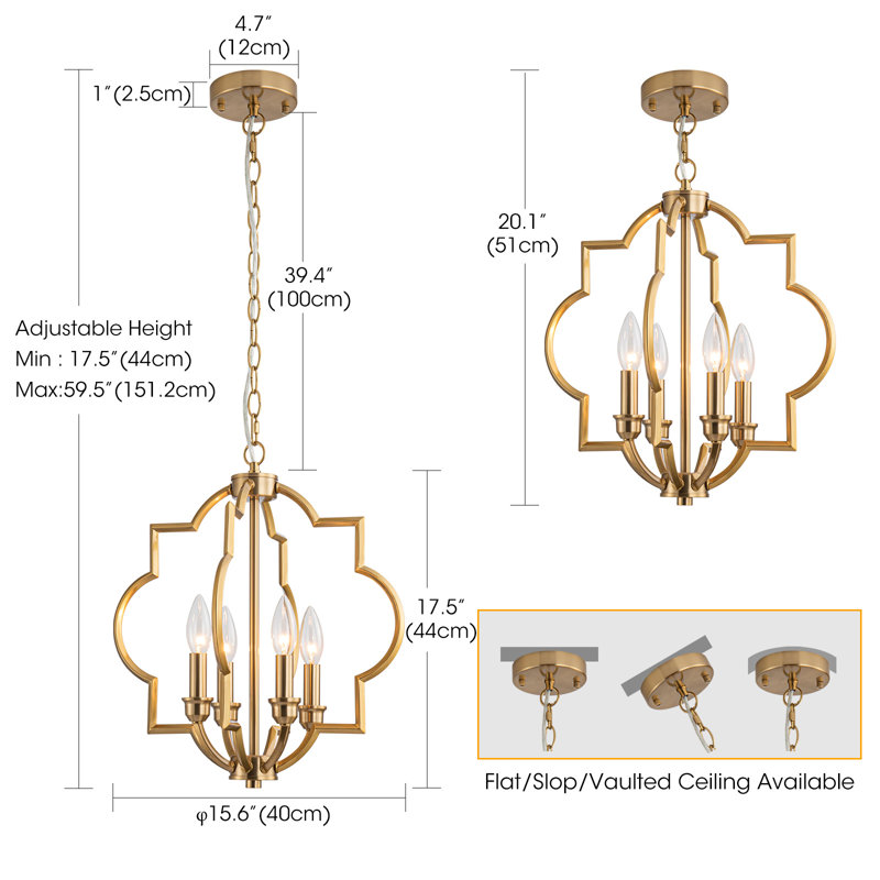 4-Light Brushed Gold Chandeliers for Dining Room, 15.6" Geometric Pendant Light Fixture