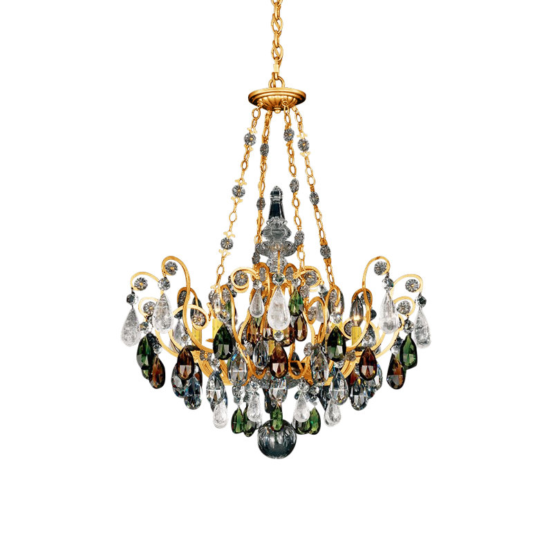 Renaissance 8 - Light Chandelier, Olivine and Smoke Topaz Rock Crystal, French Gold