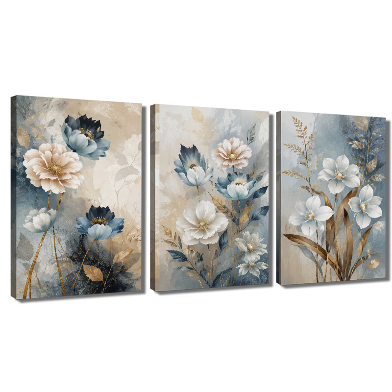 Tableau mural à 3 panneaux, impression sur toile à motifs floraux bleus, beiges et dorés, décoration murale abstraite de fleurs