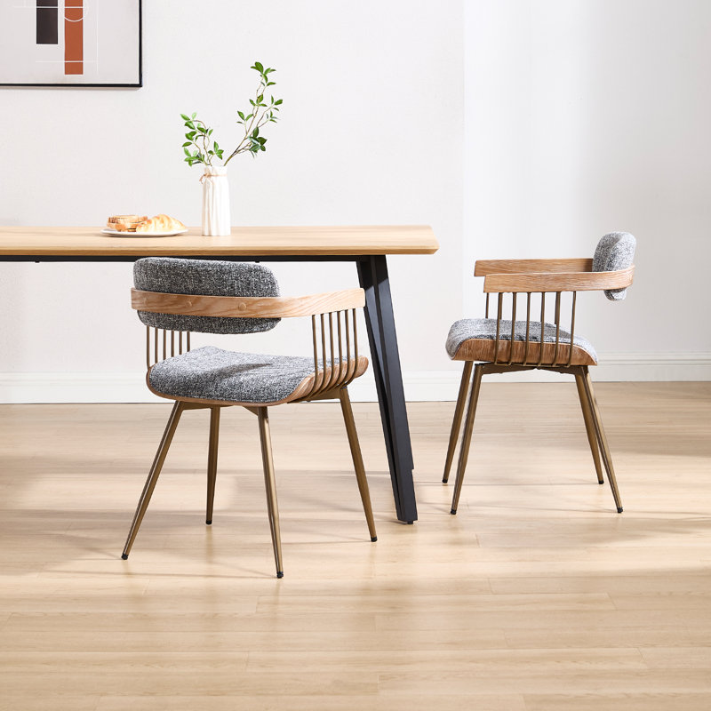 Modern Upholstered Dining Chairs With Backrest And Armrest, With Metal Frame, For Dining Room/Living Room, Gray, Brass