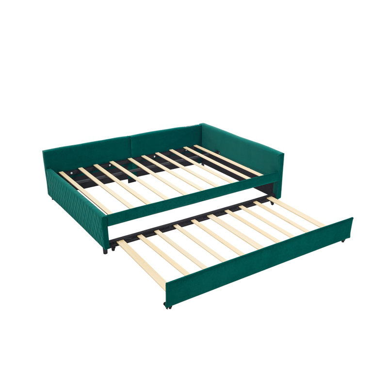 Upholstered Daybed with Trundle,sturdy wooden bed frame, modern diamond grid design,for Bedroom, Guest Room, Emerald