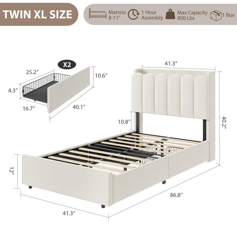 Lit simple TG avec tête de lit DEL, lit plateforme tapissier Boucle avec 2 tiroirs de rangement et tête de lit bibliothèque, blanc