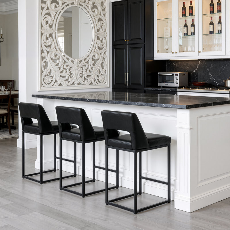 Cindina 26 Inch Fresh Look Upholstered Faux Leather Counter Height Bar Stools With Metal Frame, Black Seat/Black Frame, 2