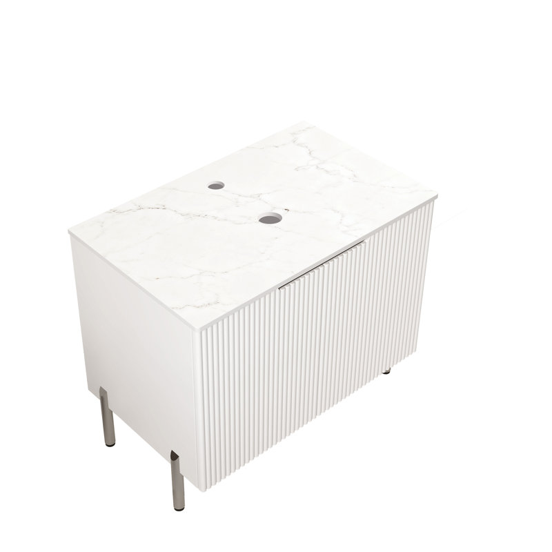 Comptoir en pierre artificielle blanche autoportante de 30 po Carrara et armoire blanche avec deux portes, sans lavabo ni robinet | Idée cadeau
