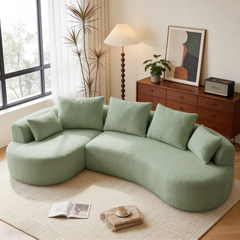 3-Seater Compression Sectional Sofa With L-Shaped Chaise And 5 Pillows, Upholstered Lambswool Fabric Cloud Sofa Couch For Living Room, Office, Tool-Free Assembly