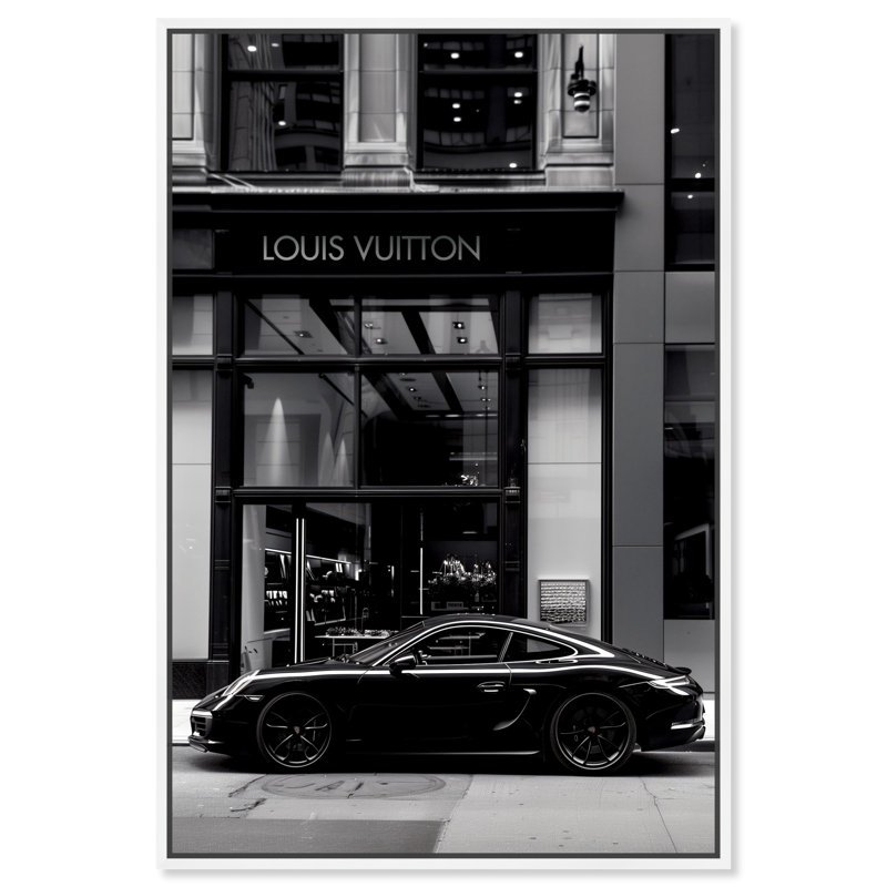 Mur noir et blanc Parked At The Store par Notoriart, Cadre blanc, H 31 po x l 21 po