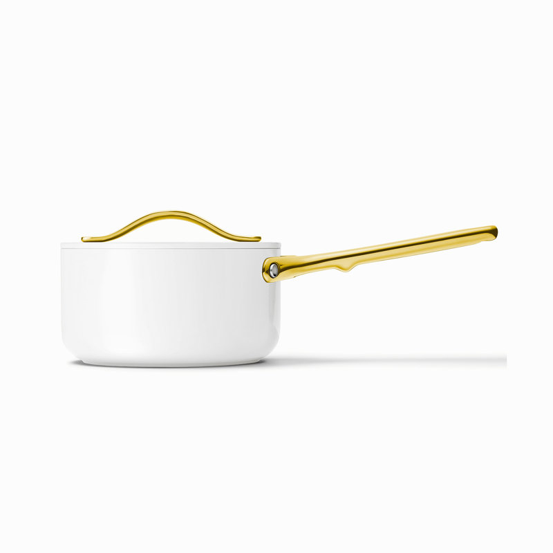 Caraway 1.75qt Iconics Nonstick Ceramic Saucepan, Black/Gold, White/Gold