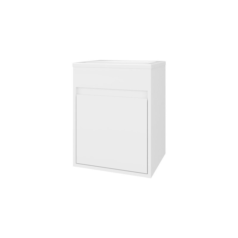 Meuble-lavabo flottant contemporain blanc avec lavabo et une porte, style mural peu encombrant, porte simple rectangulaire pour salle de bain, design épuré
