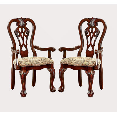 Formal Classic Set Of 2Pc Arm Chairs Dining Room Cherry Solid Wood Damask Print Fabric Seat Intricate Back Ball & Claw Feet