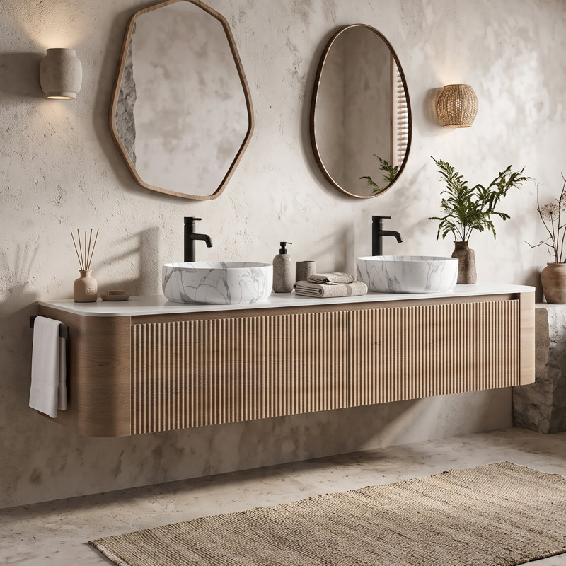 Meuble-lavabo mural 72 po avec comptoir en marbre, Chêne