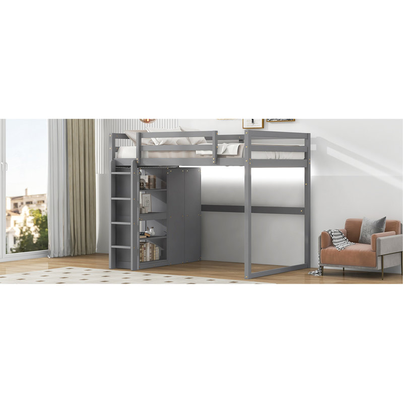 Lit mezzanine double en bois avec garde-robe, tablettes, luminaire suspendu à DEL et tablettes de taille grise