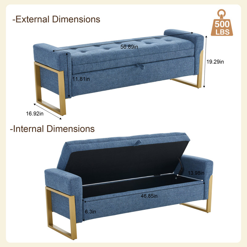 57'' Wide Tufted Rectangle Storage Ottoman, Dark Blue Linen