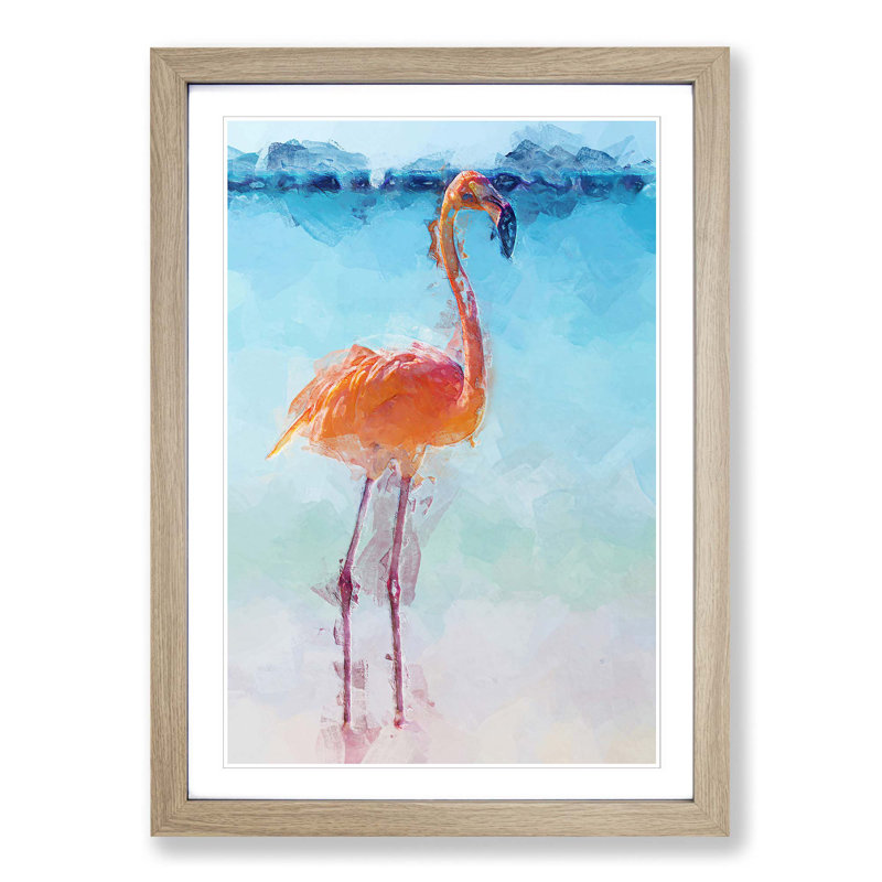 Lone Flamingo in Abstract - Picture Frame Graphic Art Print, Oak, 91cm H x 60cm W x 2cm D