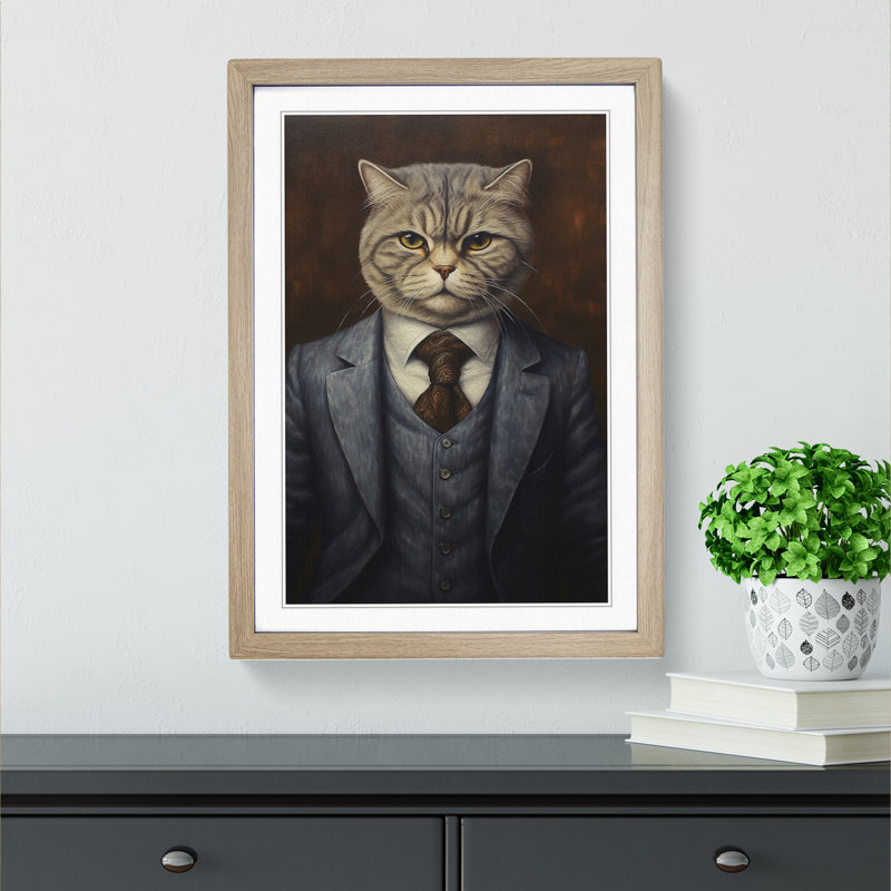 Cat in a Suit Painting No.2 1 Piece Single Picture Frame Wall Art, 34cm H x 25cm W x 2cm D, Oak Framed
