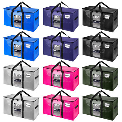 Extra Large Moving & Storage Bags, Heavy Duty Storage Totes with Visible Window & Tag Pocket, Moving Boxes Alternative, Packing Bags For Dorm Closet RV, 12 Pack, (Mutilcolor)