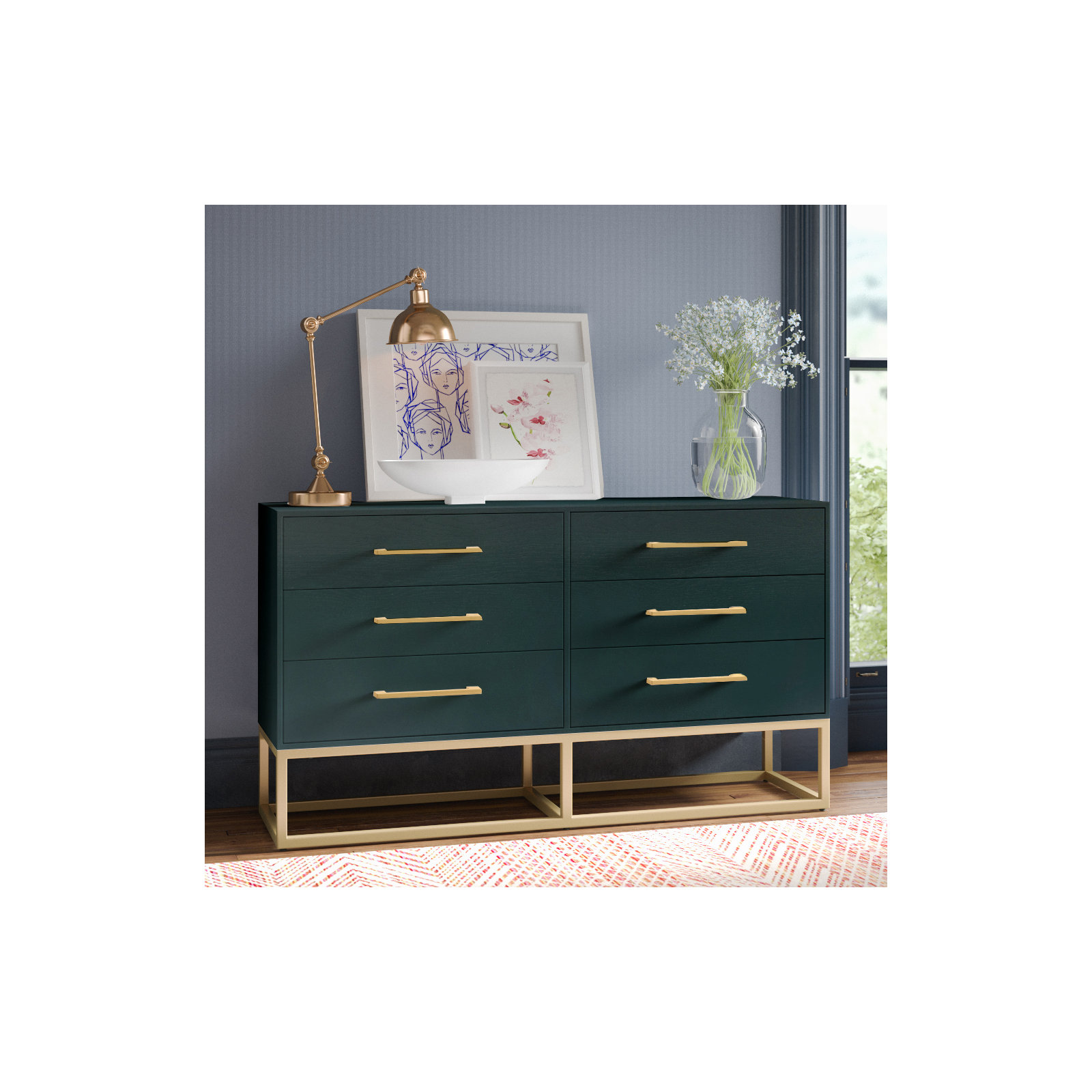 Sheldon 6 - Drawer Double Dresser, Gold/Teal