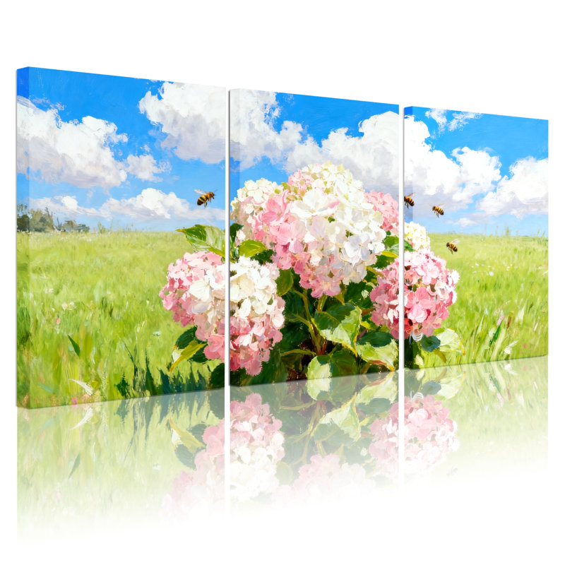 Tableau sur toile représentant un champ d'hortensias (lot de 3), H 36 po x l 72 po