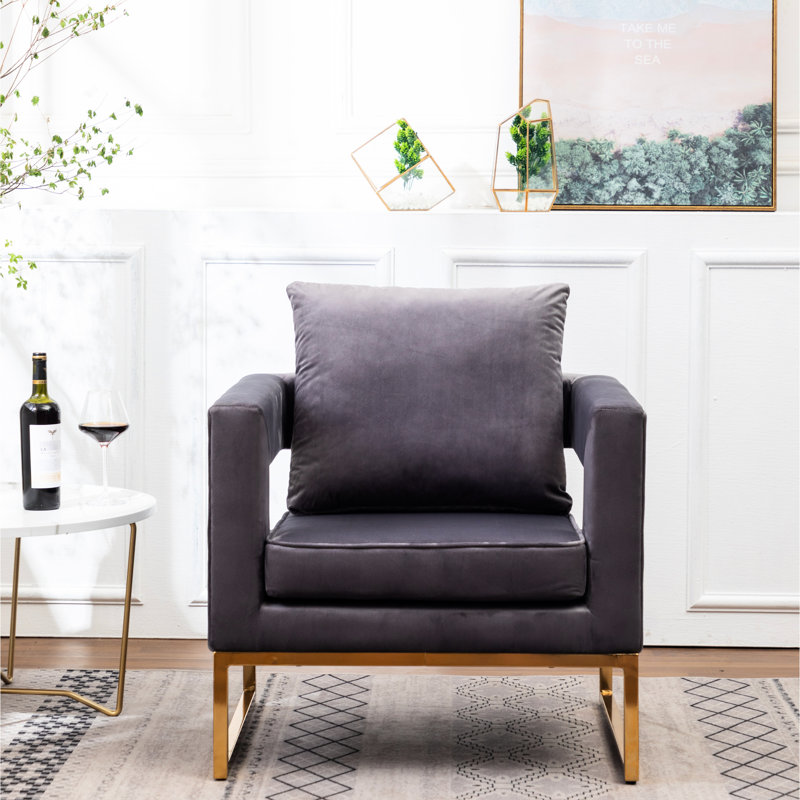 Gray Contemporary Armchair - Upholstered In Velvet-Like Fabric, With Metal Frame, Square , Pillow Back For Comfort Chair And Style, Framework, Peaceful Area