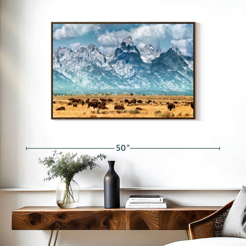 Troupeau de bisons à Grand Teton, 37 po x 25 po, Cadre flottant en noyer