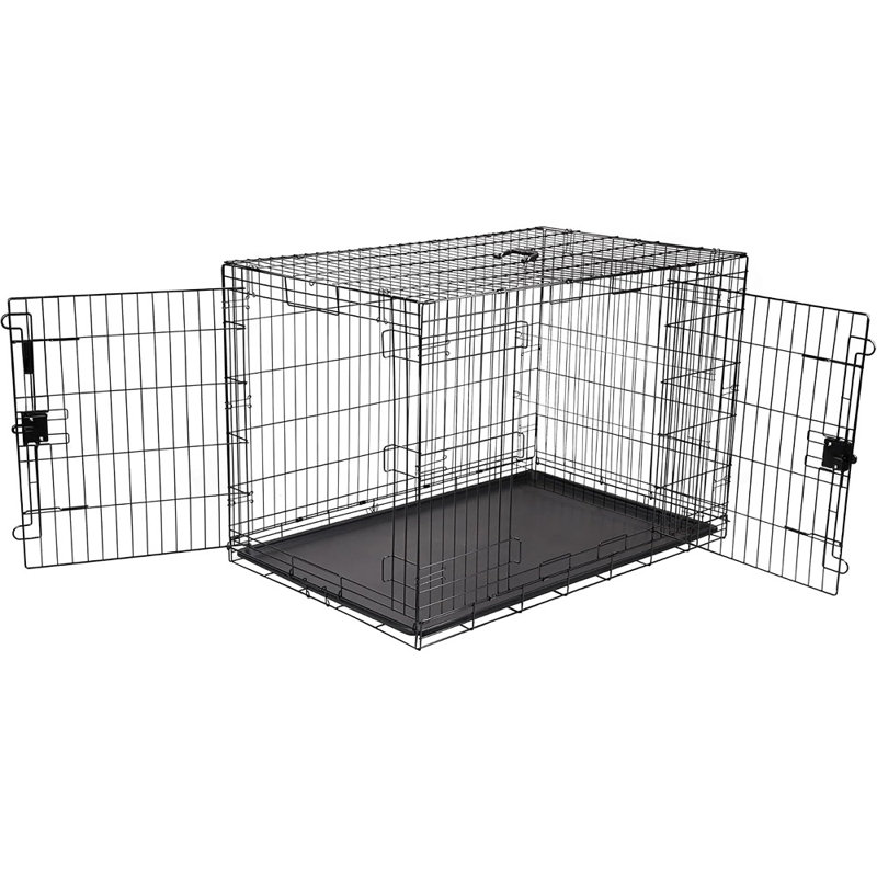 Cage de transport portatif en fil de fer pour grands chiens, niche à double porte avec plateau et panneau de séparation amovibles, cage pliable et robuste, montage facile, noire