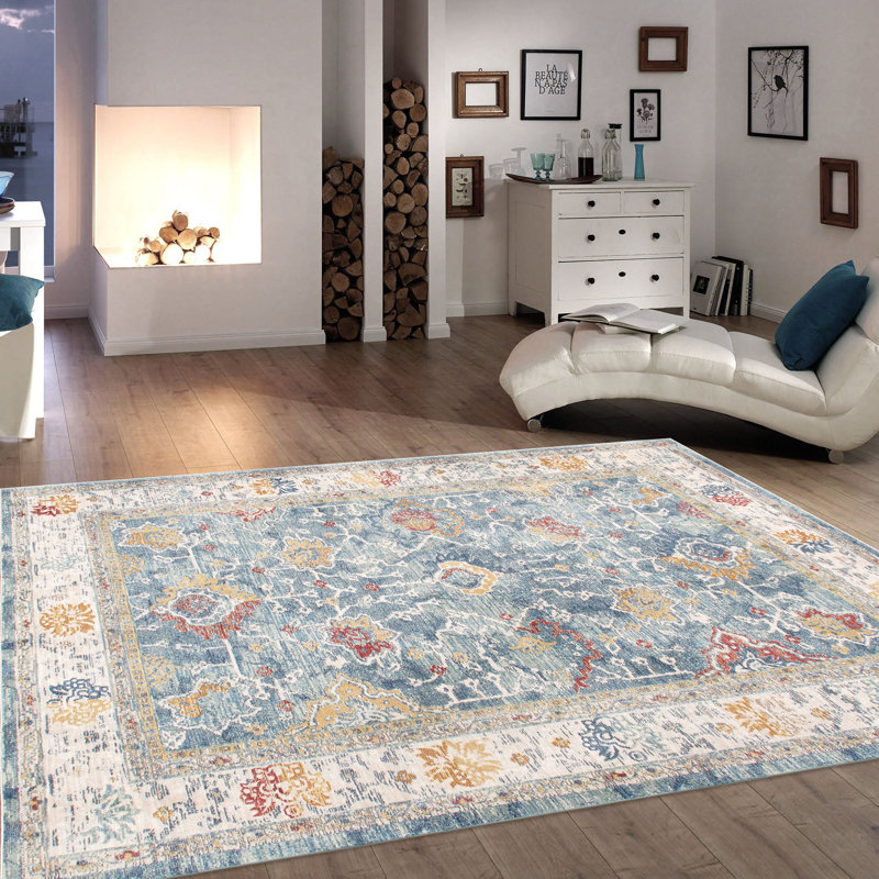 Light Blue Heritage Synthetic 4' x 6' Stain-Resistant Rug