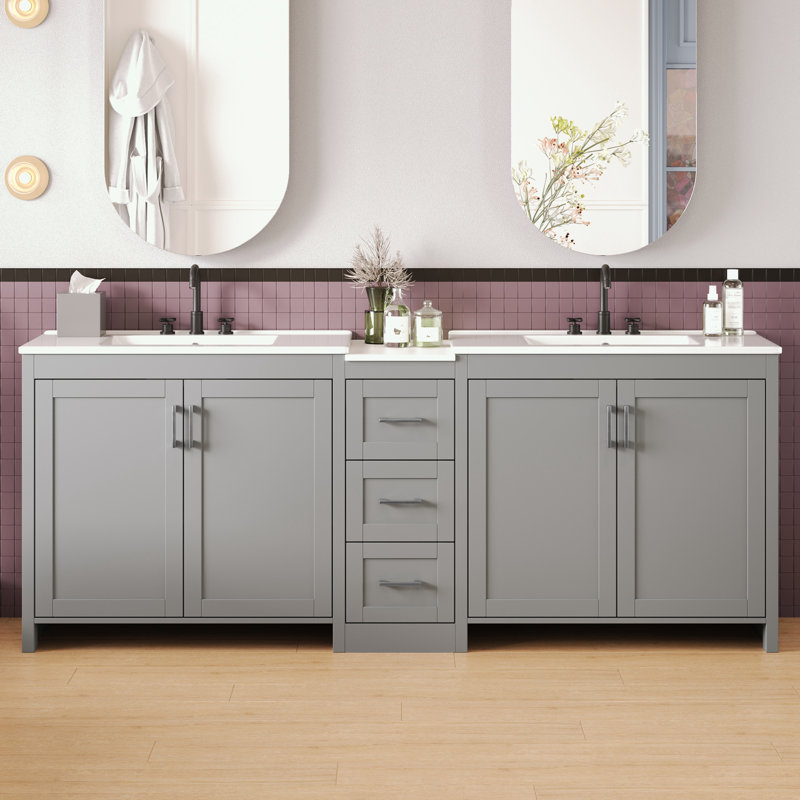Meuble-lavabo de salle de bain avec lavabo, tablettes réglables et 3 tiroirs, Gris